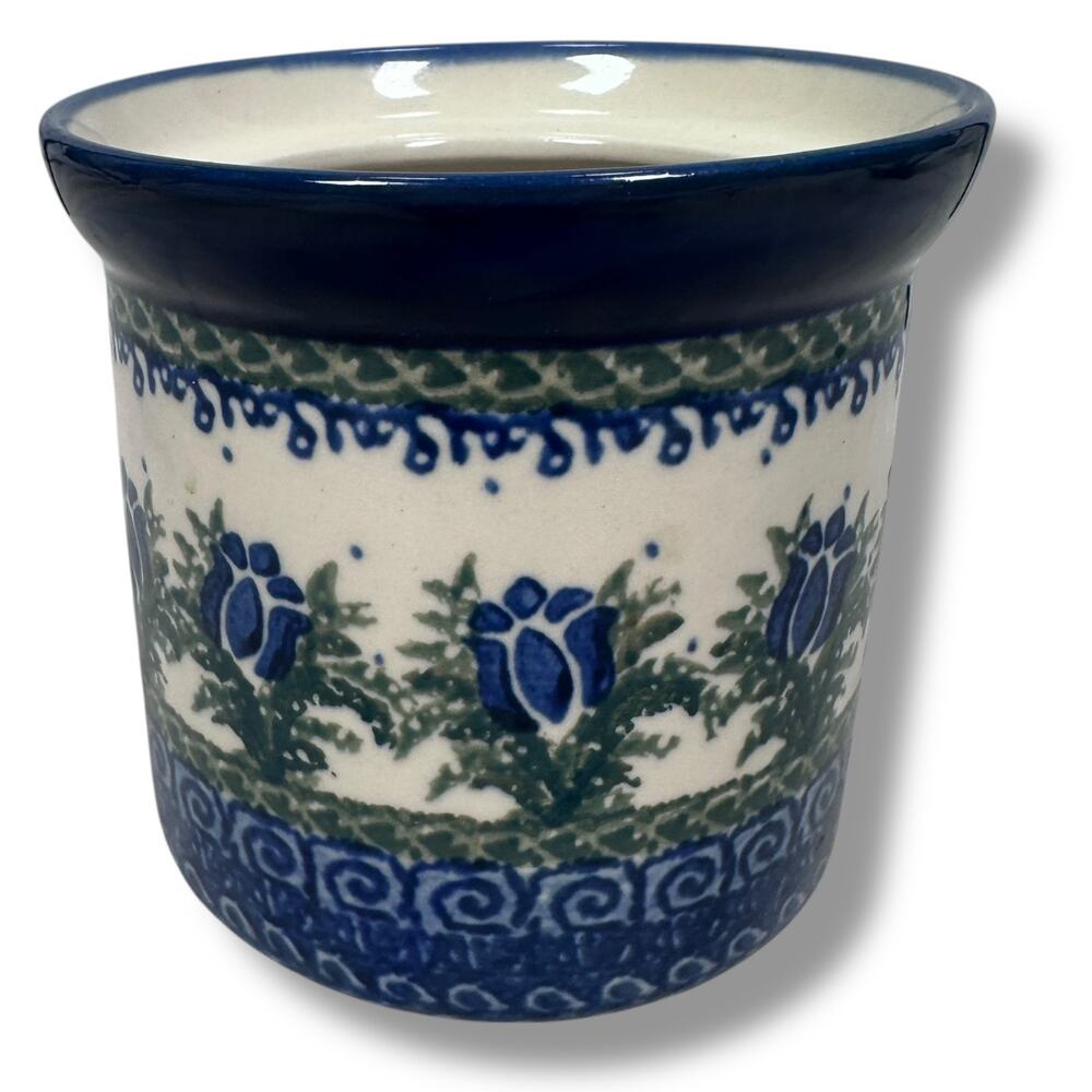 Polish Pottery Unikat 392 Jar 4.5" Blue Tulip Motif Round Decorative Stoneware